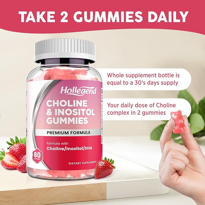 Prenatal Choline Inositol Gummies, Chewable Choline Supplement with DHA, Prenatal Vitamin for Women & Kids, Support Nervous System, Immune & Brain Health, Vegan Strawberry Flavor, Sugar Free, 60 Ct