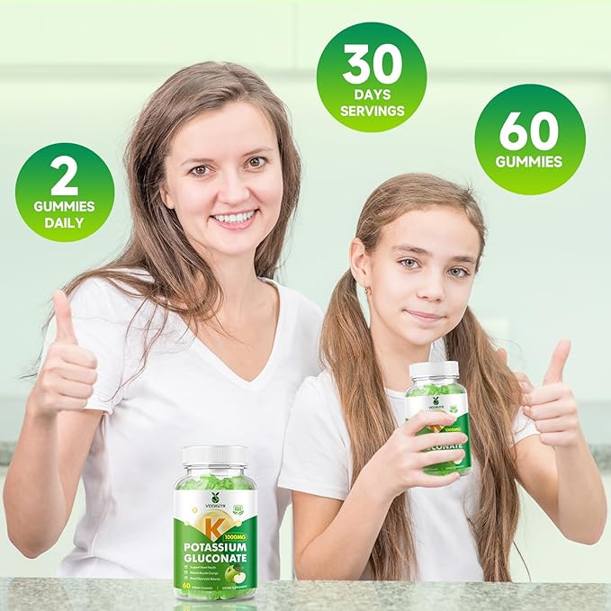 Potassium Gummies 1000mg for Adults & Kids, High Dose Potassium Gluconate Supplement Potassium Gluconate Gummies Support Muscle Cramps Electrolyte Balance, Apple Flavor 120 Count