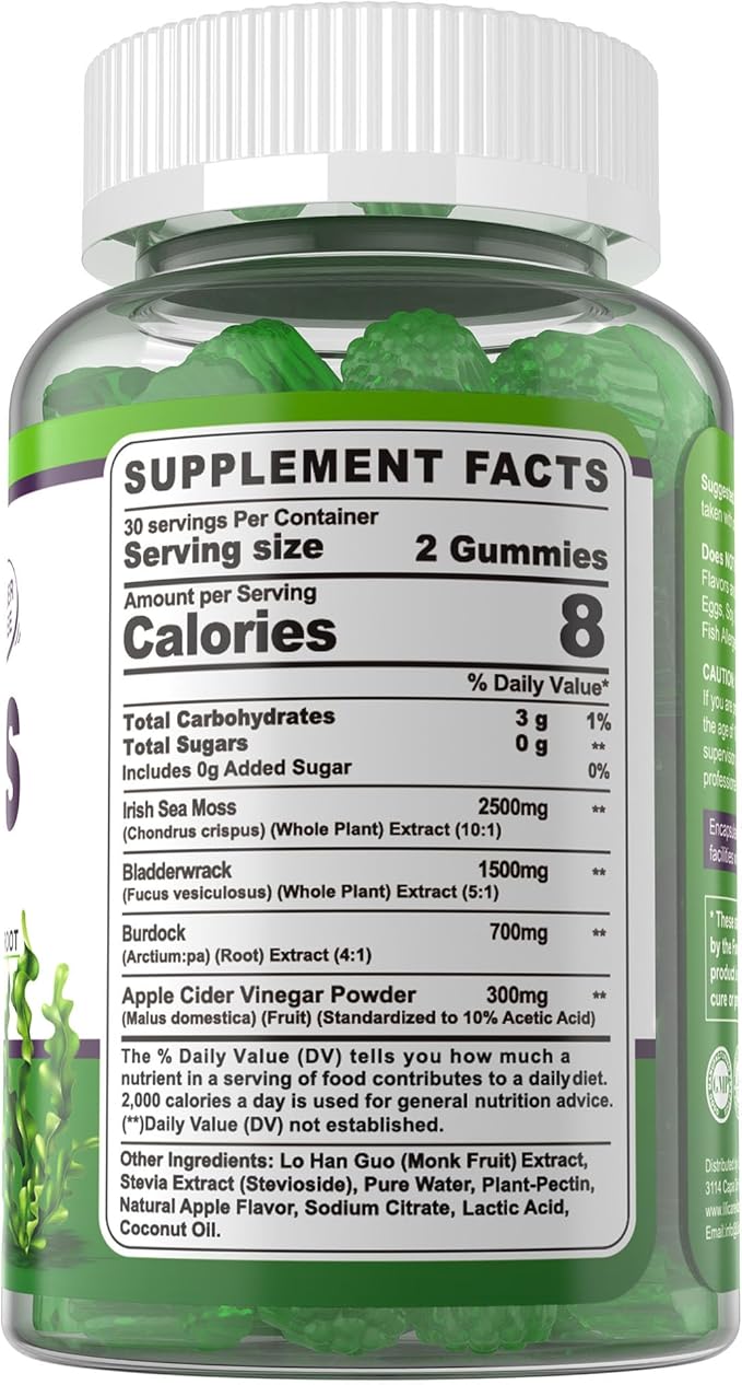 Sea Moss Gummies - Irish Sea Moss Gummies for Adults & Kids - Advanced Superfood Seamoss Supplement with Organic Bladderwrack & Burdock Root Extract，ACV for Daily Immune, Gut Cleanse, Vegan, 60 Counts