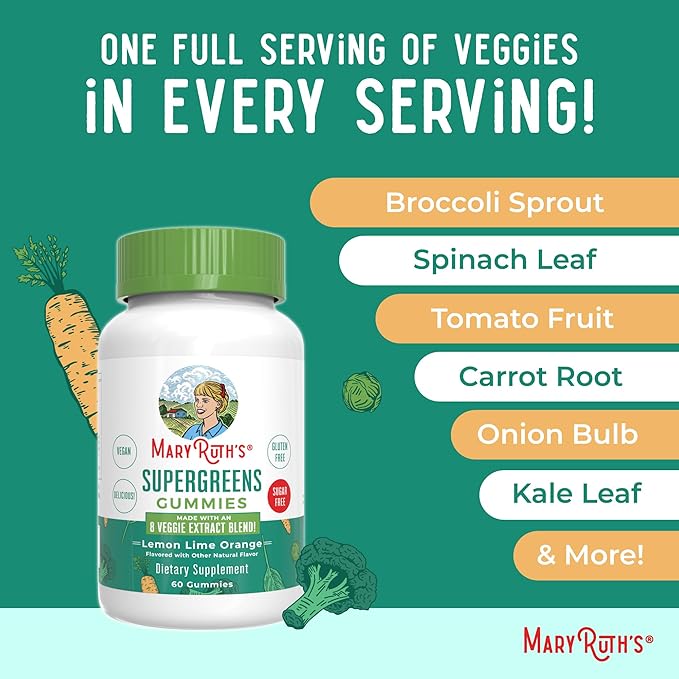 MaryRuth Organics Super Greens Gummies | Naturally-Occurring Quercetin for Adults and Kids Ages 4+ | Sugar Free | 2g Fiber Per Serving | Vegan | No Gelatin | Pectin Based | 60 Count | 30 Servings