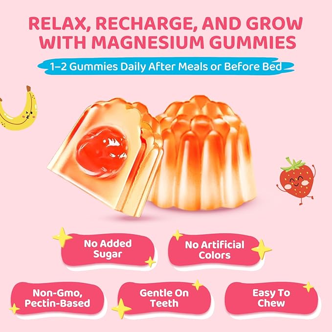 Kids Magnesium Gummies - Magnesium Glycinate Supplement Gummies with L-Theanine, Chamomile & Multivitamins for Sleep, Calm & Focus - Strawberry Banana Center-Filled Gummies 60 ct
