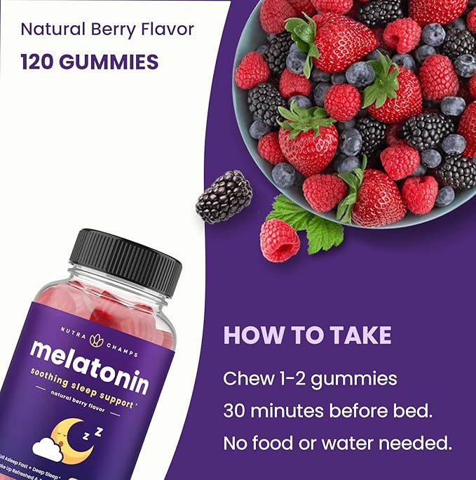 NutraChamps Melatonin Gummies for Kids & Adults, Natural Sleep Aid Drug-Free, Vegan Berry Flavor, 120 Sleep Gummies, 2.5mg, 5mg or 10mg Dose, Sleeping Pills Substitute (Pack of 2)