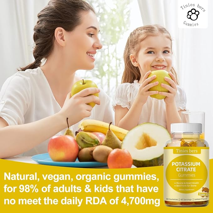 Potassium Gummies for Adults Kids, Sugar Free, Support Leg Cramps & Muscle & Heart Health, Vital Electrolyte, as Potassium Citrate, Best Potassium Gummies for Stones, Vegan, Non-GMO, Lemon Flavor, 60