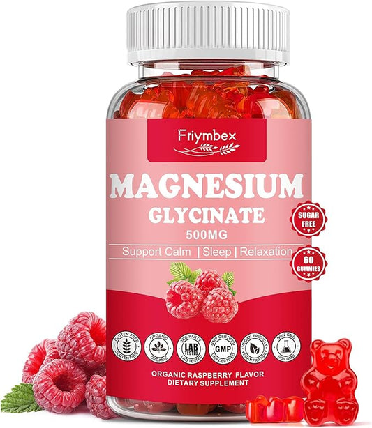 Magnesium Glycinate Gummies 500mg | Relaxation Calm Magnesium Gummies | Sugar-Free | Non-GMO | Gluten-Free | Vegan-Friendly for Adults & Kids (60 Raspberry Gummies)