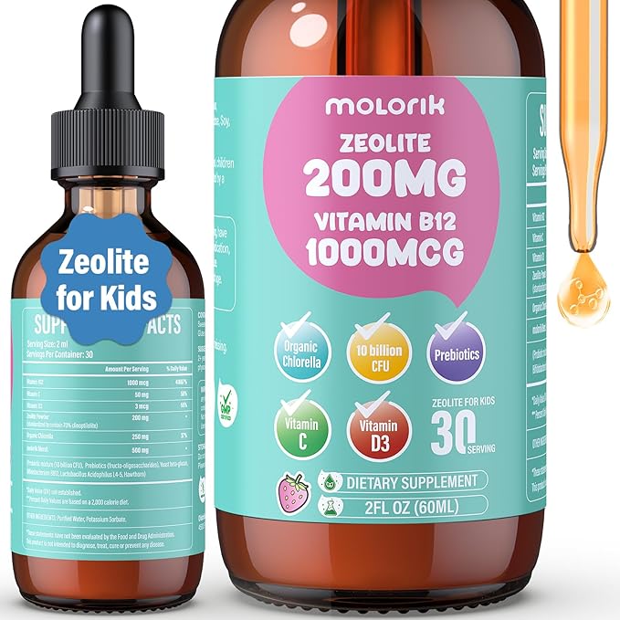Zeolite Drops for Kids and Adults, 200mg Zeolite Liquid Drops with 1000mcg Vitamin B12, Organic Chlorella, 10 billion CFU & Prebiotics for Gut Support & Speech, Immune, Bone, Energy*, Strawberry, 60ML