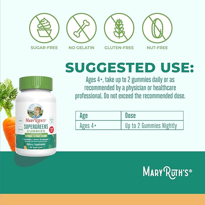 MaryRuth Organics Super Greens Gummies | Naturally-Occurring Quercetin for Adults and Kids Ages 4+ | Sugar Free | 2g Fiber Per Serving | Vegan | No Gelatin | Pectin Based | 60 Count | 30 Servings