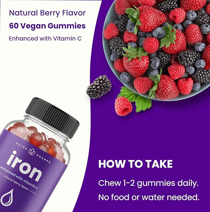 NutraChamps Iron Gummies with Vitamin C, 20mg Iron Gummies for All, Blood Cell Formation Support, 60 Gummies, Vegan Iron Gummy for Iron Deficiency & Anemia, Energy, Focus, Immune Boost