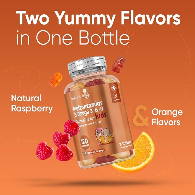 Kids Multivitamin Gummies with Omega 3 6 9-120 Gummies (60 Servings) - Essential Kids Vitamin A, C, D & B12, Minerals & Nutrients - Natural Raspberry & Orange Flavor - Third-Party Tested