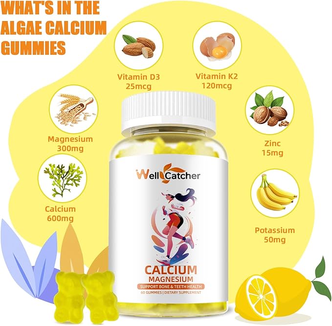 Calcium Magnesium Gummies Adults Kids - Sugar Free Chewable Vegan Algae Calcium Supplements for Women Men Support Plus Bone Strength with Zinc Potassium Vitamin D3 K2 Lemon Flavor 60CT