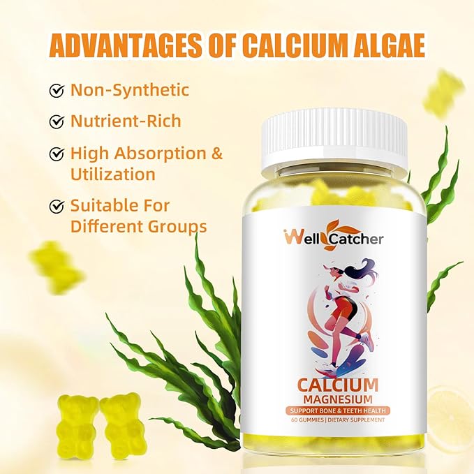 Calcium Magnesium Gummies Adults Kids - Sugar Free Chewable Vegan Algae Calcium Supplements for Women Men Support Plus Bone Strength with Zinc Potassium Vitamin D3 K2 Lemon Flavor 60CT