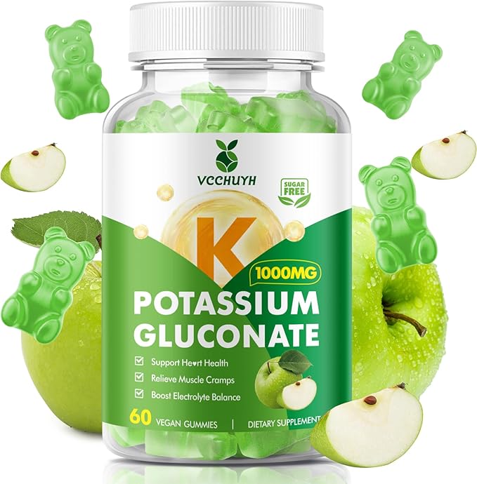 Potassium Gummies 1000mg for Adults & Kids, High Dose Potassium Gluconate Supplement Potassium Gluconate Gummies Support Muscle Cramps Electrolyte Balance, Apple Flavor 60 Count