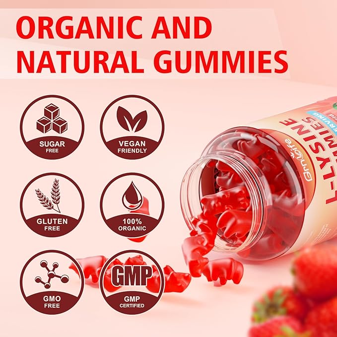 L-Lysine 1000mg Gummies, Chewable Lysine Supplement for Adults & Kids, Essential Amino Acid Supplement for Immune Support, Collagen Formation Support, Strawberry, 60 Count
