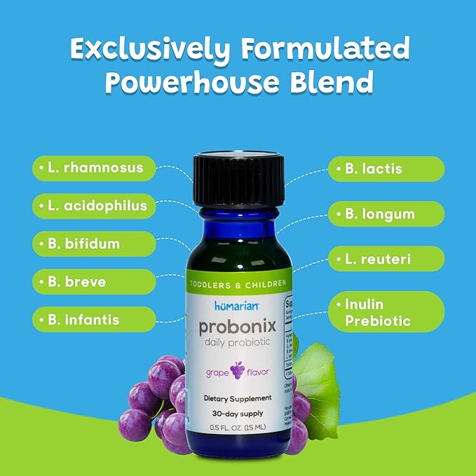 Humarian Probonix Liquid Probiotics for Kids Aged 1-9 Years Old - Superior 8-Strain Probiotic Drops to Fortify Gut Health, Immunity and More - 30-Day Supply - Tasty Grape Flavor