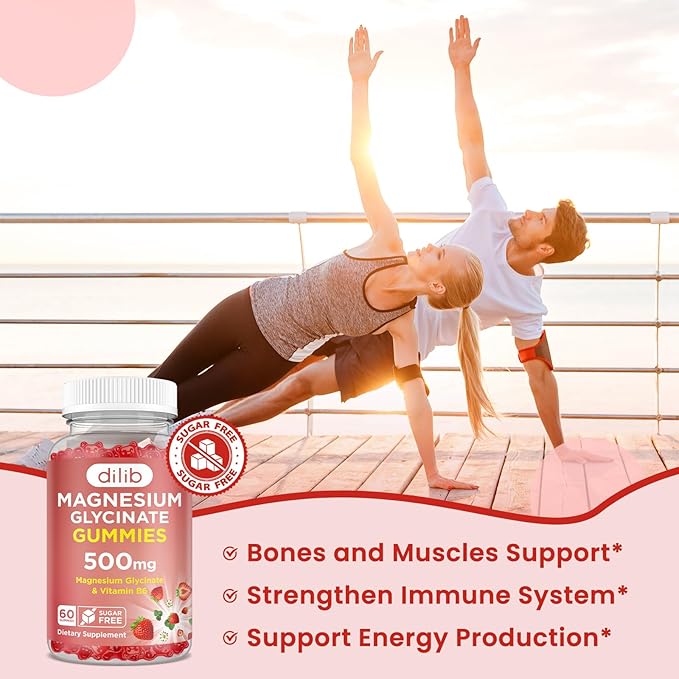 Magnesium Glycinate Gummies 500mg - Magnesium Supplement with Vitamin B6 for Adults & Magnesium for Kids - Calm Magnesium for Sleep, Mood, Muscle Support - Strawberry Flavor, 60 Gummies