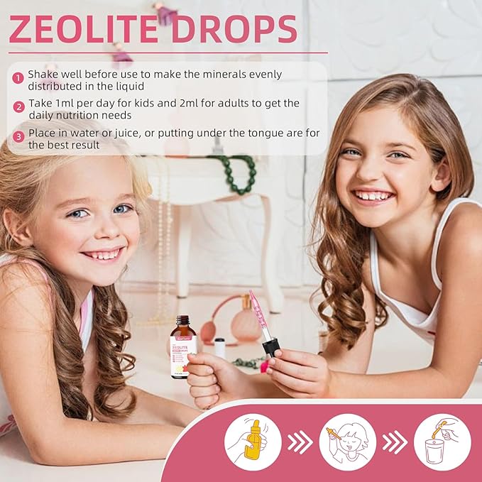 Zeolite Detox for Kids & Adults, 300 mg Zeolite Clinoptilolite Liquid with Vitamin B12 & D3, Vitamin C & Zinc Gluconate, Immune Support & Gut Health, Natural Strawberry Flavor, 2 Fl Oz