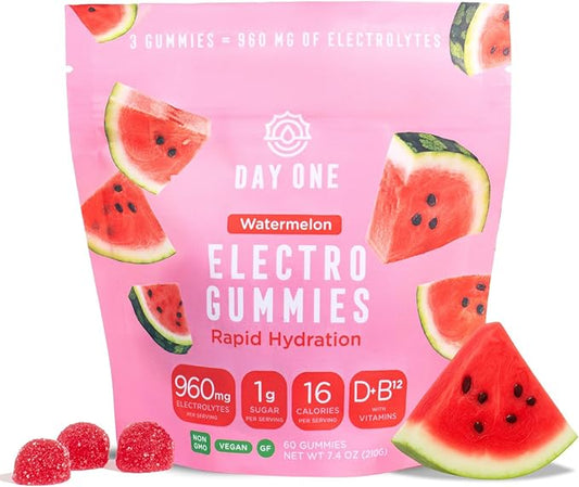 Day One ElectroGummies – Electrolyte Hydration Gummies – Ideal to Boost Hydration & Energy – Supplement for Post & Pre Workout – for Men, Women, Kids – Extra Sour Watermelon Flavored – 60 Gummies