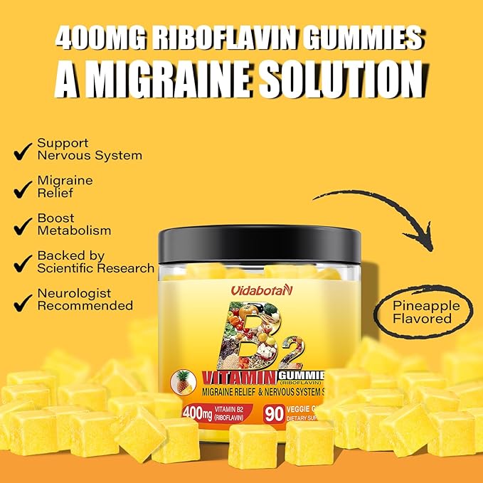 Vitamin B2 Gummies- Riboflavin 400mg with Magnesium & CoQ10 for Kids & Adults, Migraine Relief & Headache Relief - Pineapple Flavor, 90 Chewable Gummies