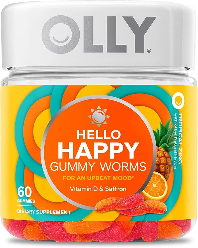 OLLY Kids Chillax, Magnesium Gummies Plus L-Theanine, Lemon Balm & Hello Happy Gummy Worms, Mood Balance Support, Vitamin D, Saffron, Adult Chewable Supplement, Tropical Zing - 60 Count
