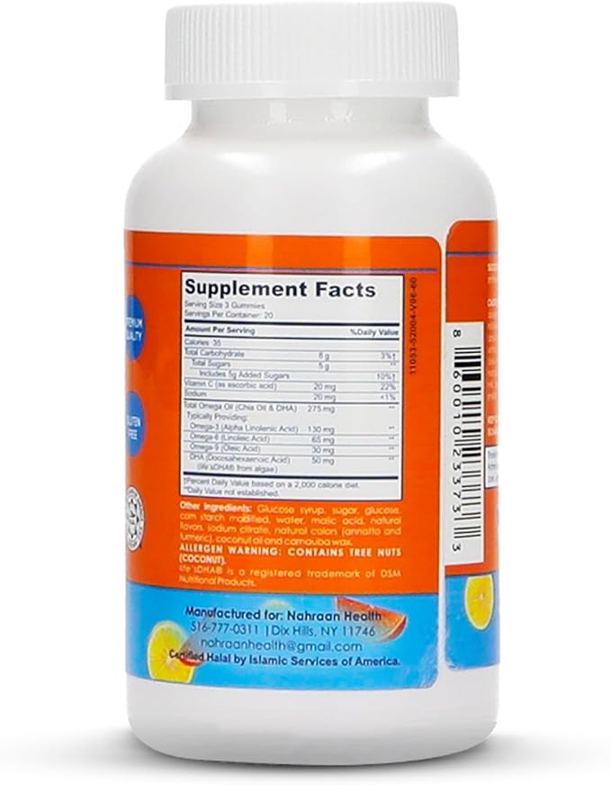 Halal Omega 3 for Adults & Kids - Omega 3 Vegetarian Gummies with Lemon & Orange Flavor - Adults and Kids Gummies - 60 Count