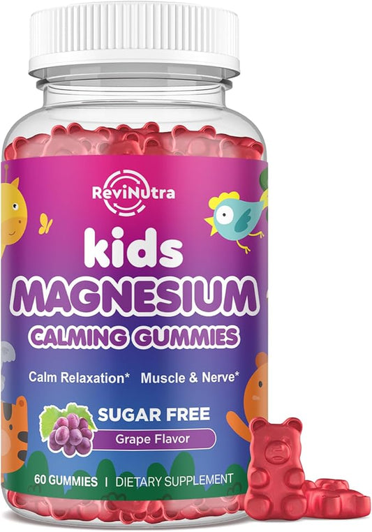Kids Magnesium Glycinate Gummies - Magnesium Supplement Gummies with L-Theanine, Chamomile, Licorice, Vitamin B6, D for Kids & Adults Sleep, Stress, Muscle Relief & Nerve Bone - Sugar Free Grape 60ct
