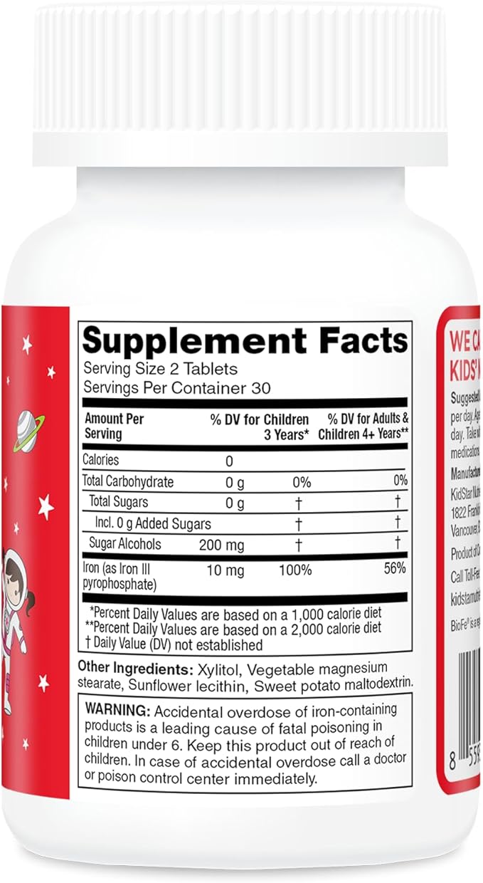 KidStar Nutrients BioFe Pure Iron Chewable Tablets for Kids & Adults, Sweet Blast, No Sugar, Sweetened with Xylitol, 60 Chewable Tablets