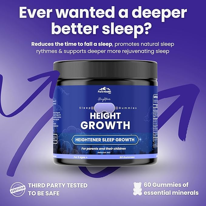 Heightener Height Growth Sleep Gummies - Vitamins to Grow Taller for True Height Potential, Natural Height Booster Increase Supplement for Kids and Adults | Calcium & Melatonin Multivitamin - 60 Gummy