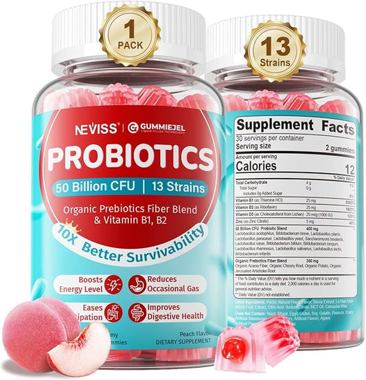 Probiotic + Prebiotic Gummies for Adults & Kids 4+ (Made in USA), Sugar Free Chewable 50 Billion CFUs w/Fiber, Vitamin B1 B2 D3 & Zinc, for Digestive & Gut Health, Boost Microflora Diversity, 60 Cts