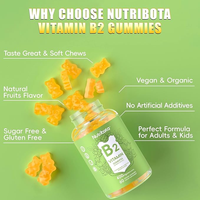 Sugar Free Vitamin B2 Gummies- Riboflavin 400mg 200mg with Magnesium, CoQ10 for Adults & Kids, Vegan, 60 Count