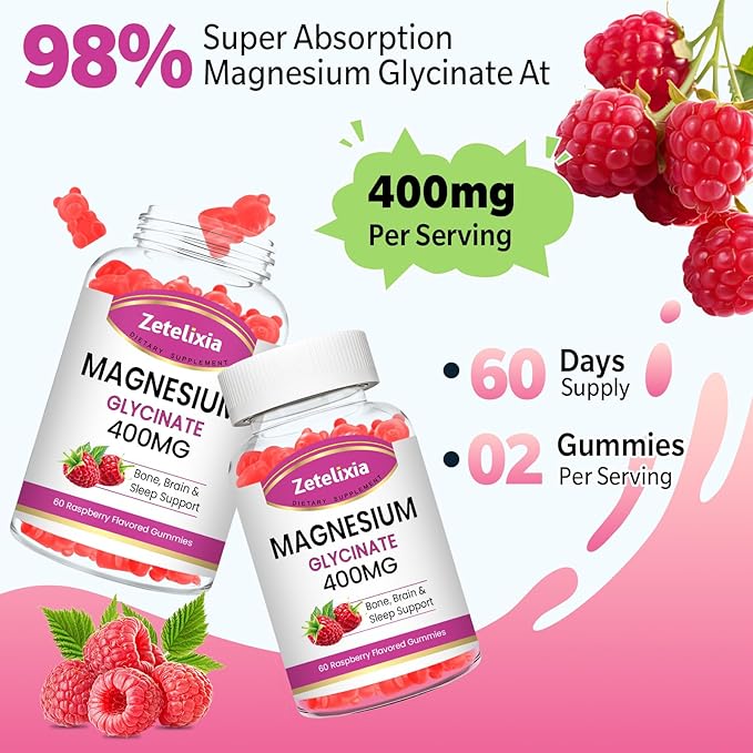 2 Pack Magnesium Glycinate Gummies, High Absorption Magnesium Glycinate Supplements for Relaxation, Sugar Free Chews for Adults & Kids, Relax Mood, Raspberry Flavor, 120 Count