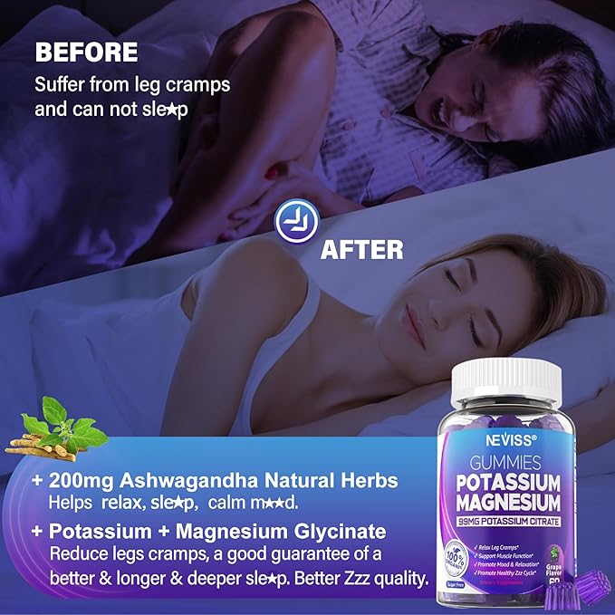 Potassium Magnesium Gummies - (Made in USA)-Potassium Supplement w/Ashwagandha 200mg, Magnesium Glycinate,B6,B12,P-otassium Citrate for Leg Cramps,Muscle,Electroyte for Adults Kids,Sugar-Free,1Pack