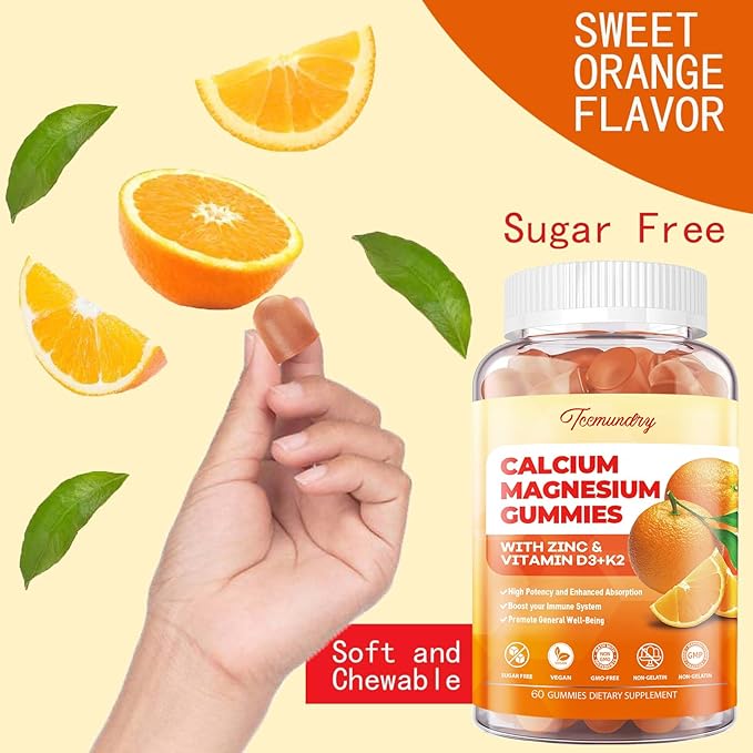 Calcium Magnesium Zinc Gummies with Vitamin D3 & K2 - High Absorption Magnesium Glycinate 400mg - Sugar Free Calcium Supplement - Support Nerve Muscle Mood & Immunity - for Adults Men Women Kids