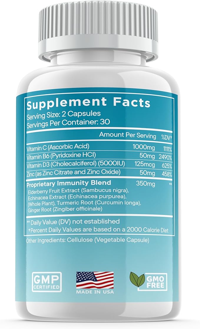 8 in 1 Immune Defense Support, Immunity Capsules Supplement with Echinacea Zinc 50mg, Vitamin C, D3 5000 IU, Turmeric Curcumin & Ginger, Echinacea - for Kids Adults (1 Pack)