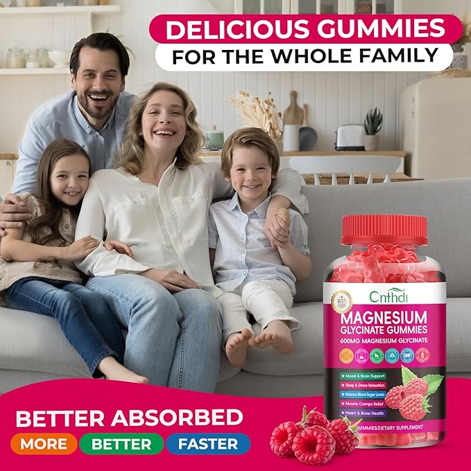 Magnesium Glycinate Gummies 600mg, High Absorption Magnesium Gummies with L-Threonate, Calcium, Vitamin B6, D3, Sugar Free Chews for Adults & Kids Relaxation, Stress Relief, Night Rest