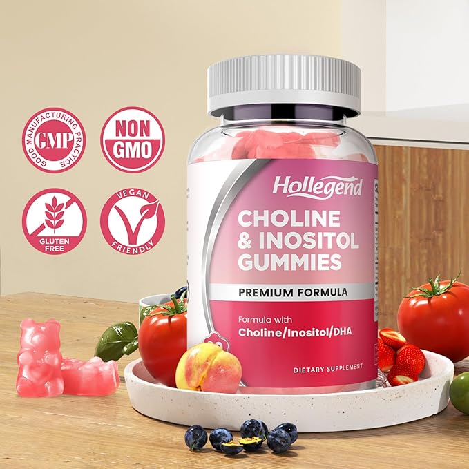 Prenatal Choline Inositol Gummies, Chewable Choline Supplement with DHA, Prenatal Vitamin for Women & Kids, Support Nervous System, Immune & Brain Health, Vegan Strawberry Flavor, Sugar Free, 60 Ct