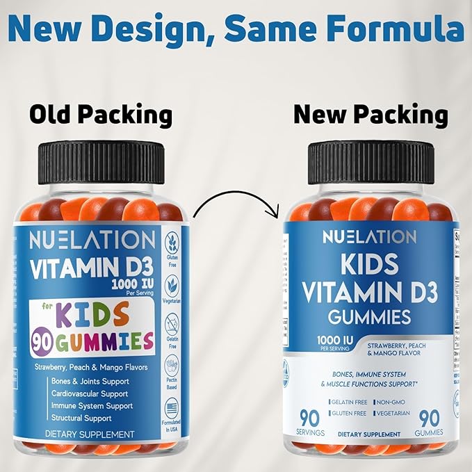 Kids Vitamin D Gummies (90 Day Supply) Vitamin D3 for Kids (1000IU) to Support Strucutre, Muscle Functions & Immune System. Delicious & Vegetarian Vitamin D for Kids