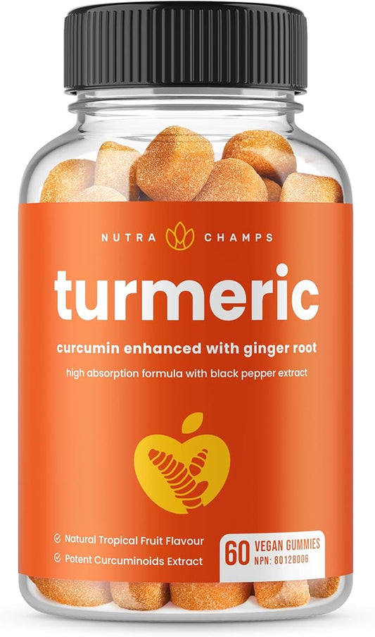 NutraChamps Turmeric Gummies for Adults & Kids with Ginger & Black Pepper Extract, 95% Curcuminoids, Vegan Natural Curcumin Joint Support Supplement, Tumeric Gummy Supplements