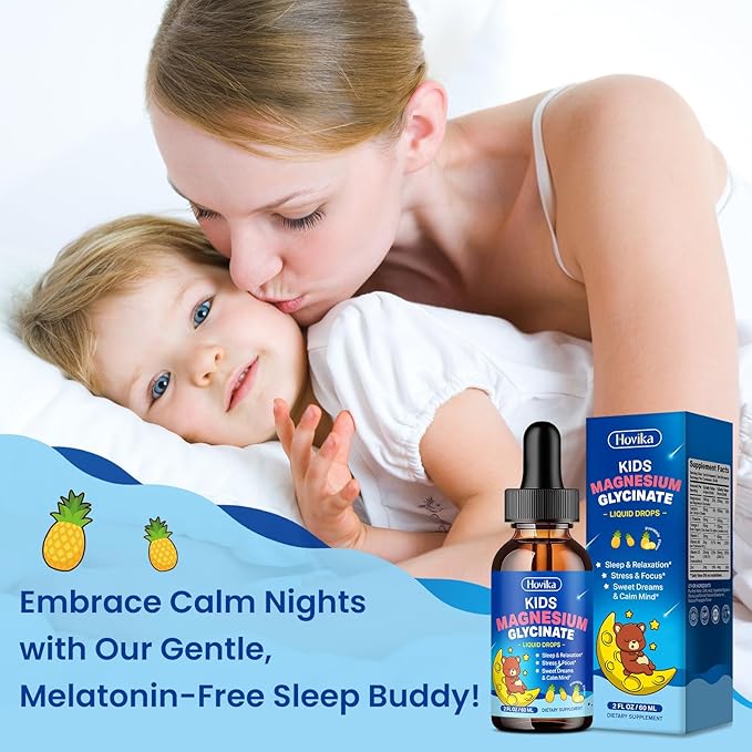 Kids Magnesium Glycinate Liquid with L-Theanine Omega-3, Vitamin B6, D3, Zinc, Magnesium Liquid Drops for Kids Sleep, Relaxation, Calm & Focus, 2 Fl Oz Pineapple Flavor