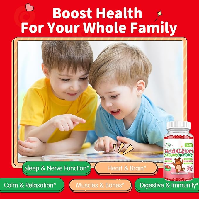 Magnesium Gummies for Kids - Magnesium Glycinate Gummies Supplement with L-Theanine, Vitamin B6, D3 for Kids & Adults Sleep, Calm, Relaxation, Brain, Bones, Sugar Free Strawberry 60ct