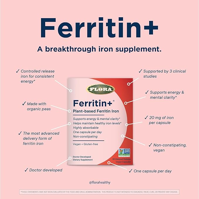 Flora Ferritin+ Delayed-Release Iron Supplement - Plant-Based Iron Supplement - Blood Cell & Energy Support - Vegan & Gluten-Free - 30 Vegan Capsules