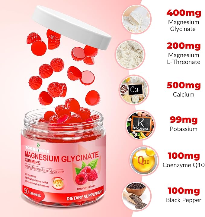 Magnesium Glycinate Gummies 400mg for Adult & Kids，90 Ct Sugar Free Magnesium Gummies with Potassium Magnesium Supplement for Women & Men，Sleep Msucle & Engergy Support，Raspberry Flavor
