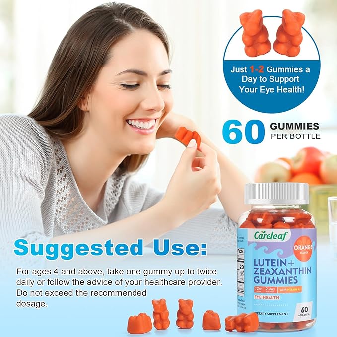 Vegan Lutein Gummies 12mg with Zeaxanthin and Vitamin A for Kids and Adults for Eye Health and Brain Function Supplement Orange Flavor
