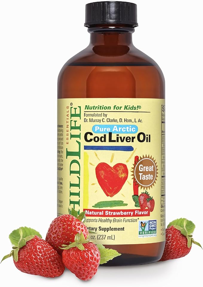 CHILDLIFE Essentials Cod Liver Oil for Kids - Kids Cod Liver Oil Liquid, Arctic Cod Liver Oil for Babies 6+ Months, Toddlers, & Kids, Added DHA, EPA, Omega-3 Fatty Acids - Strawberry, 8 fl oz