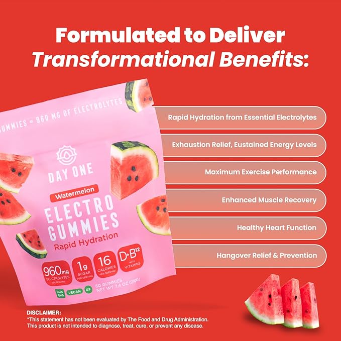 Day One ElectroGummies – Electrolyte Hydration Gummies – Ideal to Boost Hydration & Energy – Supplement for Post & Pre Workout – for Men, Women, Kids – Extra Sour Watermelon Flavored – 60 Gummies