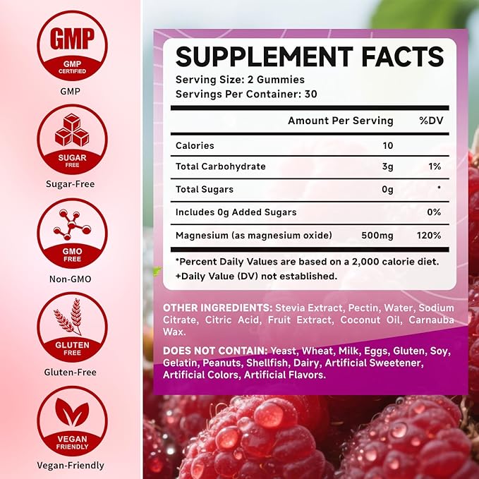 Magnesium Oxide Gummies 500mg, Sugar Free Chewable Magnesium Oxide Supplement for Adults & Kids, Nerve Support & Energy Boost, Non-GMO, Raspberry Flavor, 60 Count