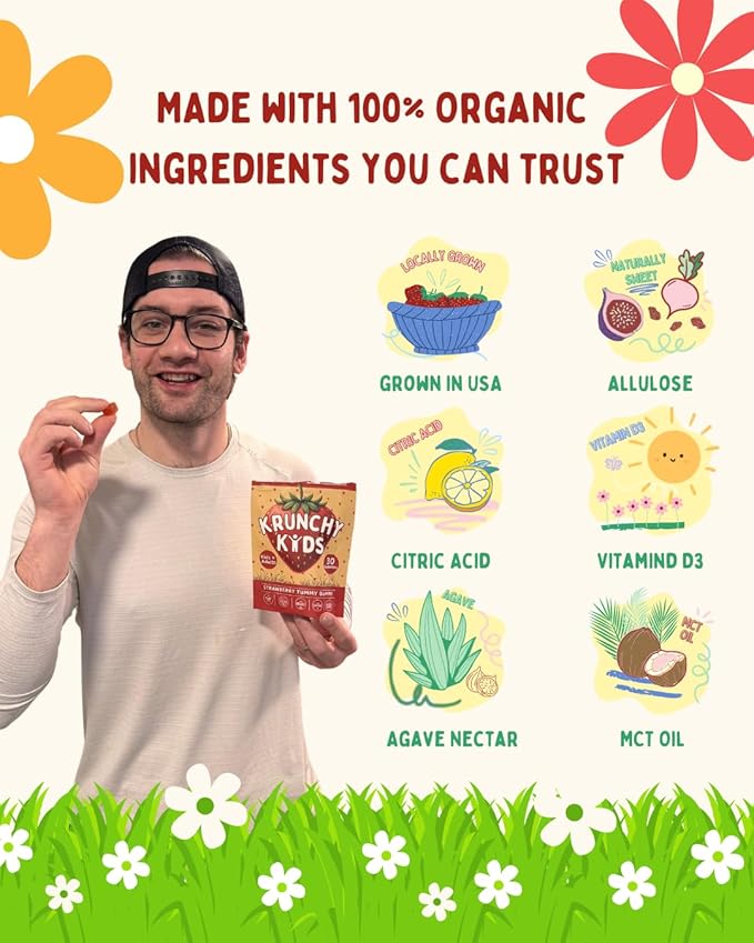 Organic Prebiotic & Postbiotic Gummy Vitamin for Kids and Adults, Allulose, Sugar Free, Fermented Strawberry, Support Gut Health, Dye Free