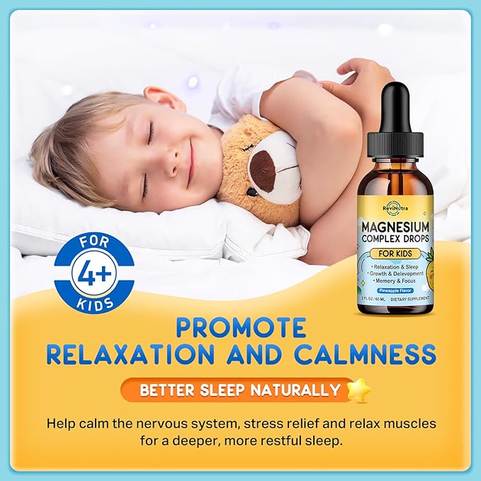 Kids Magnesium Liquid Drops - Magnesium Glycinate Liquid for Kids, Magnesium Supplement with L-Theanine, Calcium, Zinc, Vitamin D3 K2 for Sleep Calm Relaxation Brain Bones, Pineapple Flavor 2 Fl Oz