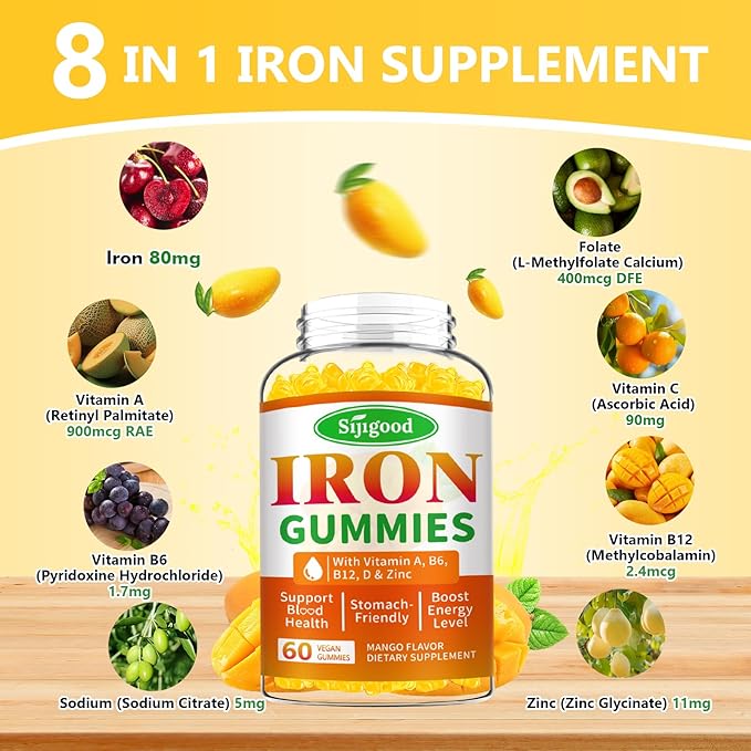 Iron Gummies for Women & Men - Vegan Iron Supplement for Anemia & Iron Deficiency, with Vitamin B12, Vitamin C, Zinc, Folate - Energy Boost, Sugar-Free, Mango Flavor, 60 Count