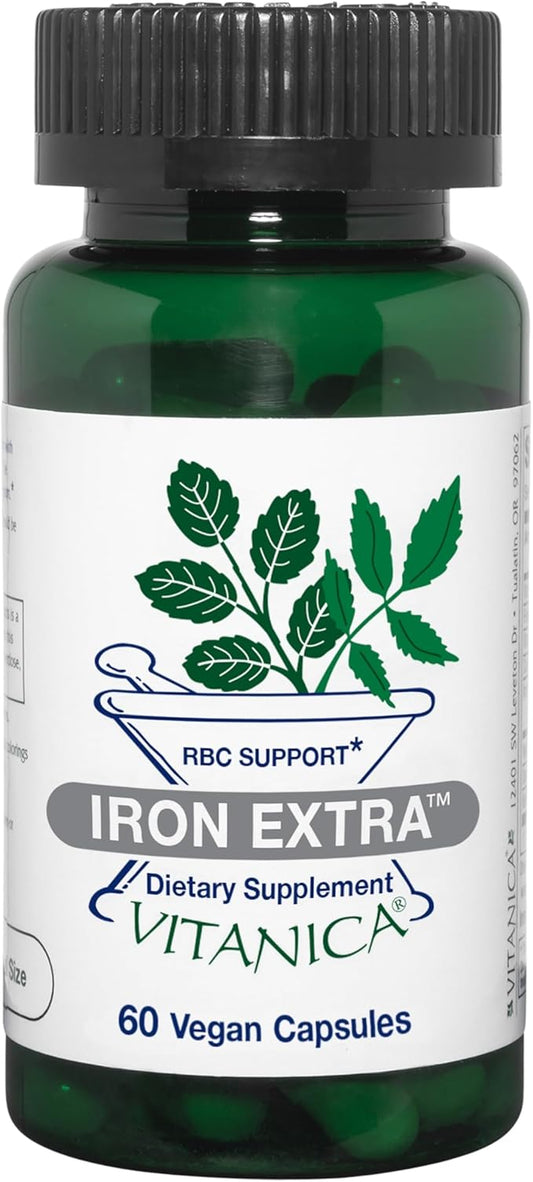 Vitanica Iron Extra, Iron Supplement Enhanced Absorption with Vitamin C 500mg, Methylfolate 400mcg, B12 Vitamin 500mcg, Calcium, Yellow Dock, Dandelion Root & Nettle Leaf Extract, Vegan, 60 Capsules