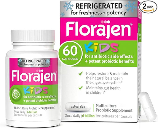 Florajen Kids Probiotics, Daily Gut Health & Immune Support Supplement, Constipation and Bloating Relief, 60 Capsules (Refrigerated)