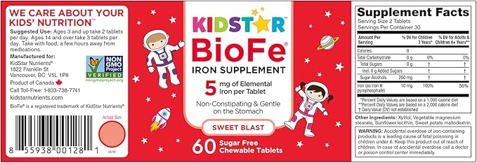 KidStar Nutrients BioFe Pure Iron Chewable Tablets for Kids & Adults, Sweet Blast, No Sugar, Sweetened with Xylitol, 60 Chewable Tablets